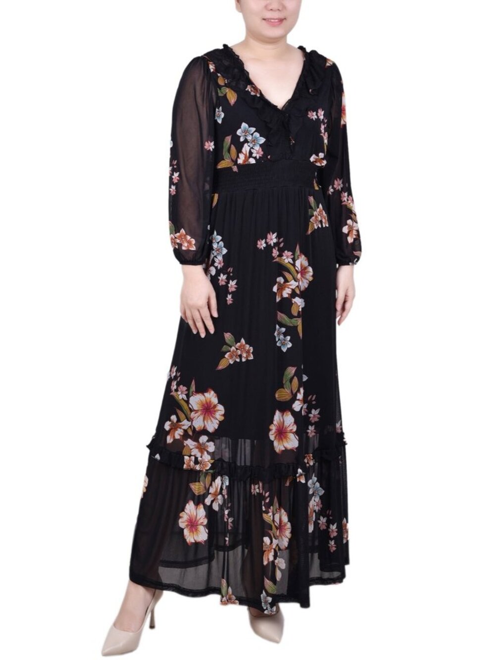 NY Collection Petite Long Sleeve Mesh Maxi Dress Black Size PS